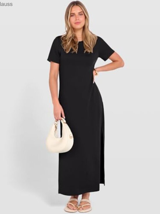 Summer Maxi Dress Short Sleeve Crewneck Split Wrinkle-Free Travel Sundress - Picture 4 of 7